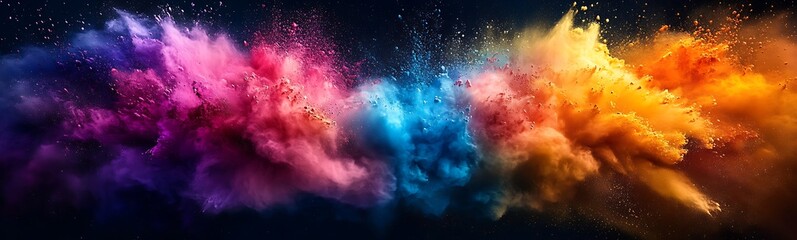 Poster - A vibrant explosion of colorful dust particles creates a mesmerizing abstract scene, blending hues of pink, blue, and orange against a dark background.