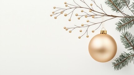 Wall Mural - A close-up of a golden ornament, hanging on a minimalist branch, with a neutral background and elegant lighting, emphasizing simplicity.