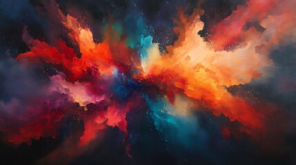 Aufkleber - A vibrant explosion of colors blending seamlessly, showcasing dynamic patterns of red, orange, blue, and teal against a dark backdrop.