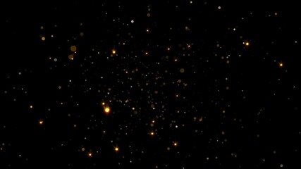abstract background with golden sparkles and bokeh lights on a black background.
