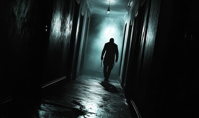 Silhouette walks down dark hallway.