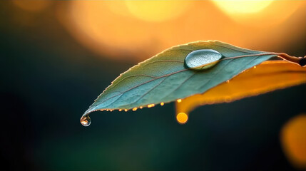 Wall Mural - Closeup shot of a water drops on green leaf