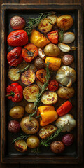 Wall Mural -  a rustic baking sheet filled with freshly roasted vegetables, including colorful peppers, onions, potatoes, zucchini and whole garlic cloves. Ai generative.