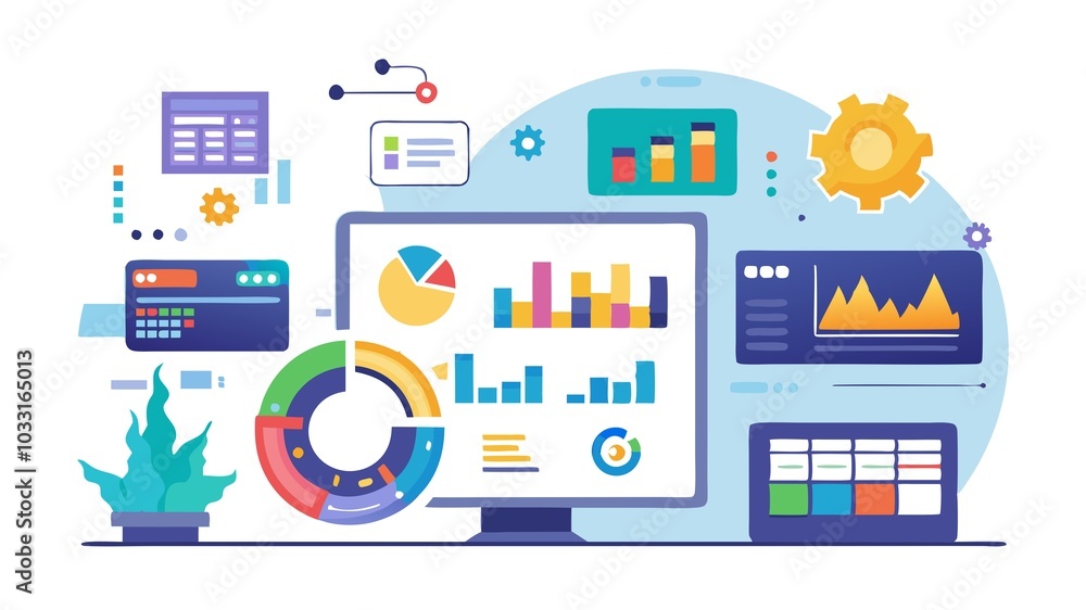 The image contains a desktop computer with a screen displaying various ...