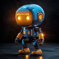 Toy robot with flashing lights isolated on a dark black background.