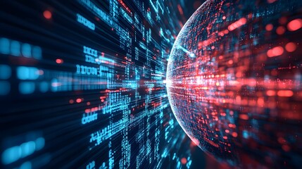 Abstract Digital Sphere with Binary Code and Light Streaks