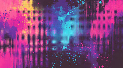 A futuristic halftone pattern with neon colors and digital glitch effects