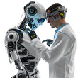 © Preecha - 3D model of a technician fine-tuning an advanced AI robot, ultra-sharp and clear, isolated on white background
