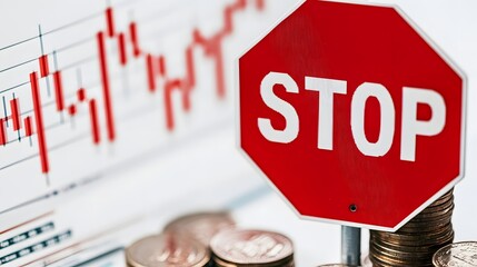 A red stop sign with the word STOP is depicted, with objects such as stacks of coins and stock charts in the background, 