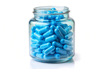 Blue pills in clear jar, isolated on white background