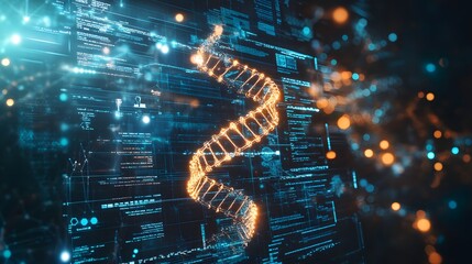 Wall Mural - digital dna helix glowing on a blue and black background