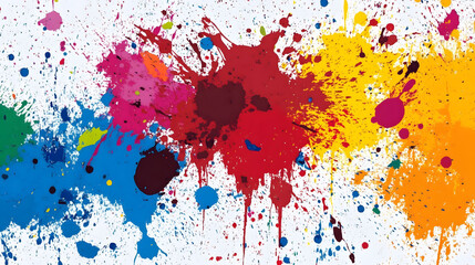 Vibrant paint splatter in flat colors, dynamic abstract design, energetic visual impact, expressive artistry, bold color combinations, modern aesthetic