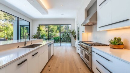 Bright, airy kitchen featuring sleek white cabinetry, innovative smart storage, and soft ambient lighting along countertops.