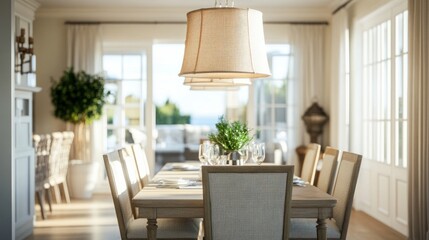 Bright and airy dining room featuring an elegant fabric pendant lamp, enhancing the space with soft light.