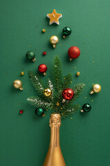 A festive christmas tree top vertical view arrangement created using a champagne bottle and colorful baubles on a green background