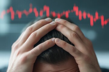 A man staring at a crashing stock graph, hands on his head, representing despair and doubt about the future of his investments.