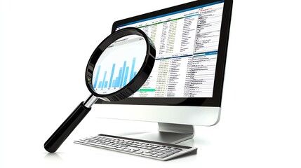 Wall Mural - Magnifying glass focusing on data analysis screen, computer isolated background.
