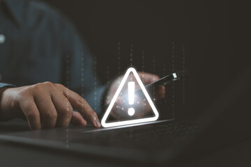 Poster - error 404 alerts on a laptop, caution of spam in website digital technology. concept of warning symbol or attack cyber, security notification. warn failure of the computer, danger from network mistake