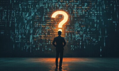 Man stands before a wall of code with a question