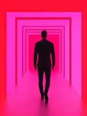 A silhouette of a person walking through a vibrant, pink-lit corridor, creating a striking contrast and an intriguing sense of depth.