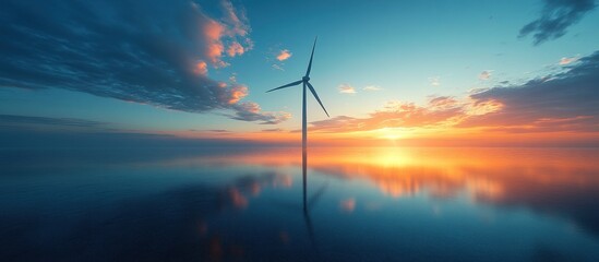 A serene sunset over calm waters featuring a wind turbine, symbolizing renewable energy.