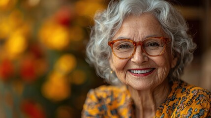 Elderly woman with curly gray hair smiles warmly at the camera in a vibrant garden during a sunny afternoon