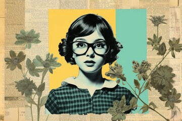 Canvas Print - Kid illustration Border collage portrait glasses.