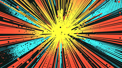 Bright and dynamic explosion of colors with rays extending outward, creating vibrant and energetic background. This retro comic book style design features bold lines and halftone patterns