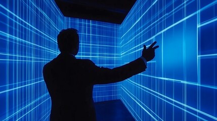 Businessman Interacting with Digital Grid Interface