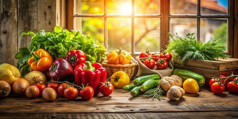 Wall Mural - Freshly Harvested Produce Bathed in Warm Sunlight, Displayed on a Rustic Wooden Table, Ready for a Healthy and Delicious Meal