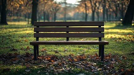 Empty Park Bench with Autumn Leaves in Sunlight