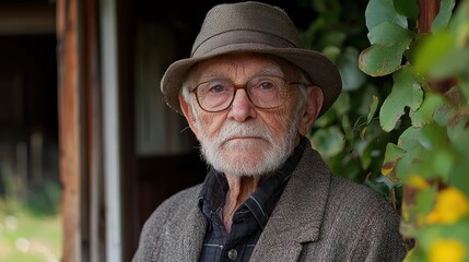 An elderly man stands outside, wearing glasses and a hat, surrounded by greenery in a rustic setting on a sunny day