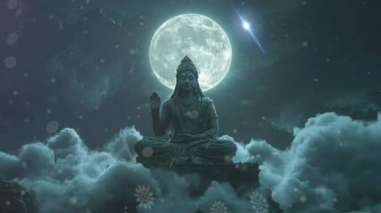 Wall Mural - a god who was meditating above the clouds on a beautiful full moon night. Latar Belakang Animasi video 4k virtual selang waktu perulangan yang mulus.