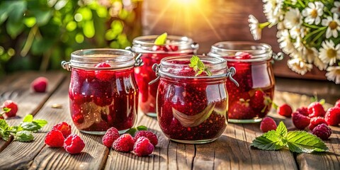 Wall Mural - Sweet Sun-Kissed Preserves Homemade Raspberry Jam in Jars, Glistening with Sunshine and Fresh Mint Leaves