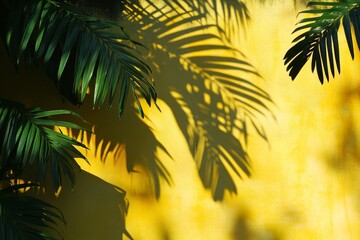 Wall Mural - Palm tree leaves casting shadows on a yellow wall, creating a tropical and vibrant scene.