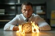 © Rising Monk - Toxic productivity, panic or burnout employee, overworked to finish work within timeline, hurry to complete multitasking or urgent work schedule concept, productive businessman on burning, Generative