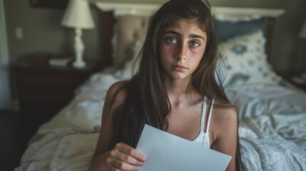 Poster - A young woman sits on a bed and reads a letter. AI.