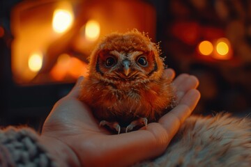 Canvas Print - A tiny owl perched on a hand, looking curiously at the camera. AI.