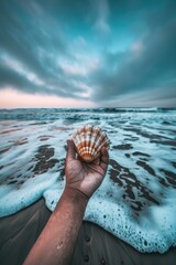 Canvas Print - A seashell held up to the sky on a beach. AI.