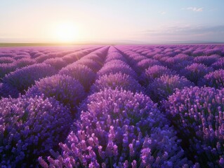 Poster - A field of purple flowers bathed in the warm light of the setting sun. AI.