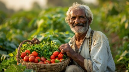 Poster - A farmer proudly displays his basket of freshly harvested tomatoes. AI.