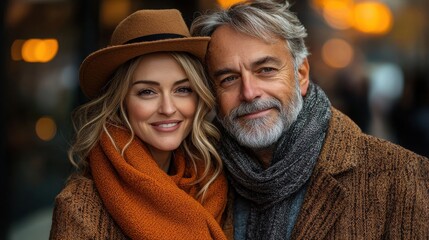 A couple enjoys a cozy moment together while wrapped in warm sweaters and hats during a cool autumn afternoon in the city