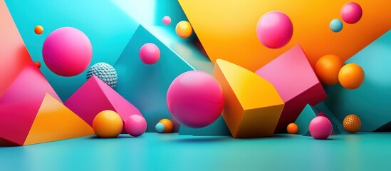 Canvas Print - Abstract geometric shapes with bright colors in a playful arrangement, including spheres and pyramids.