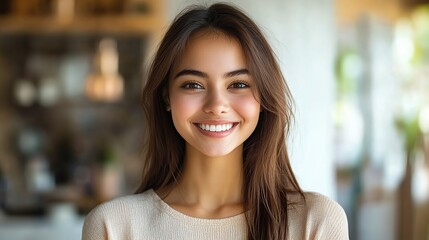 Realistic portrait of a woman, aged 25, smiling joyfully, isolated on a clean background. Emphasizes happiness and contentment, capturing the essence of a positive emotion. Happy, Joy. High