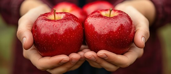 Wall Mural - Close-up of a person's hands holding two red apples.