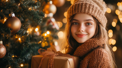 Wall Mural - Caucasian teenager girl smiling with a happy face with Christmas presents and gifts are next to the Christmas tree on Christmas Eve during the holidays season , teen is waiting to open the boxes