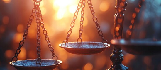 Closeup of a scales of justice with a blurry sunset in the background.