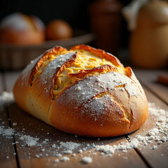 Large loaf of bread with powdered sugar on top