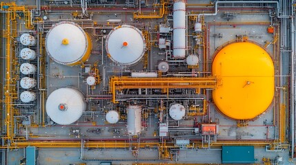 Poster - Aerial view showcasing the intricate geometric patterns of refinery storage tanks highlighting the industrial landscape and infrastructure of the energy and petrochemical sector