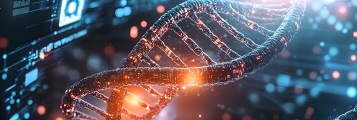 Fototapete - Captivating digital artwork depicting glowing DNA strands swirling and flowing in a dynamic futuristic vortex of technology and scientific innovation  The image represents the complex